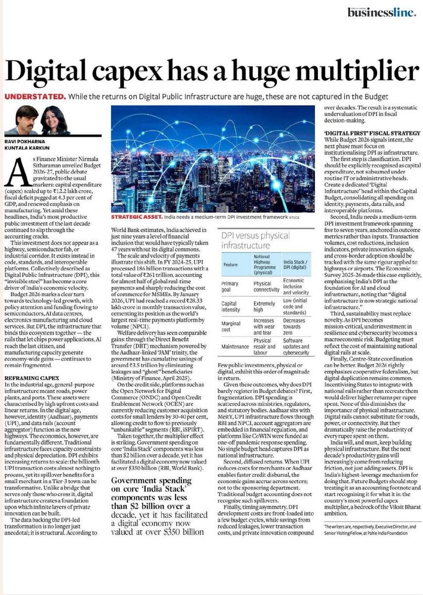 ‘Digital Capex’ while didn’t get prominence in the budget discussions, is a real force multiplier for the Indian economy. I and <a href="/KuntalaKarkun/">Kuntala Karkun</a> write in the Hindu Businessline