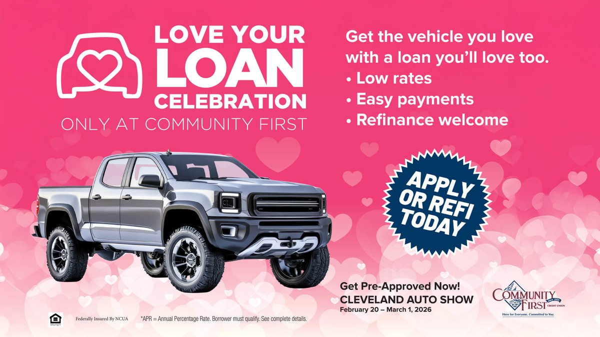 Going to the <a href="/CleAutoShow/">Cleveland Auto Show</a> to find the car or truck of your dreams? Apply now during our LOVE YOUR LOAN Celebration and get a low rate and monthly payment that fits your budget like a match made in Heaven.  cfcua.com
<a href="/IXCenterCle/">I-X Center</a> #CLEautoshow
