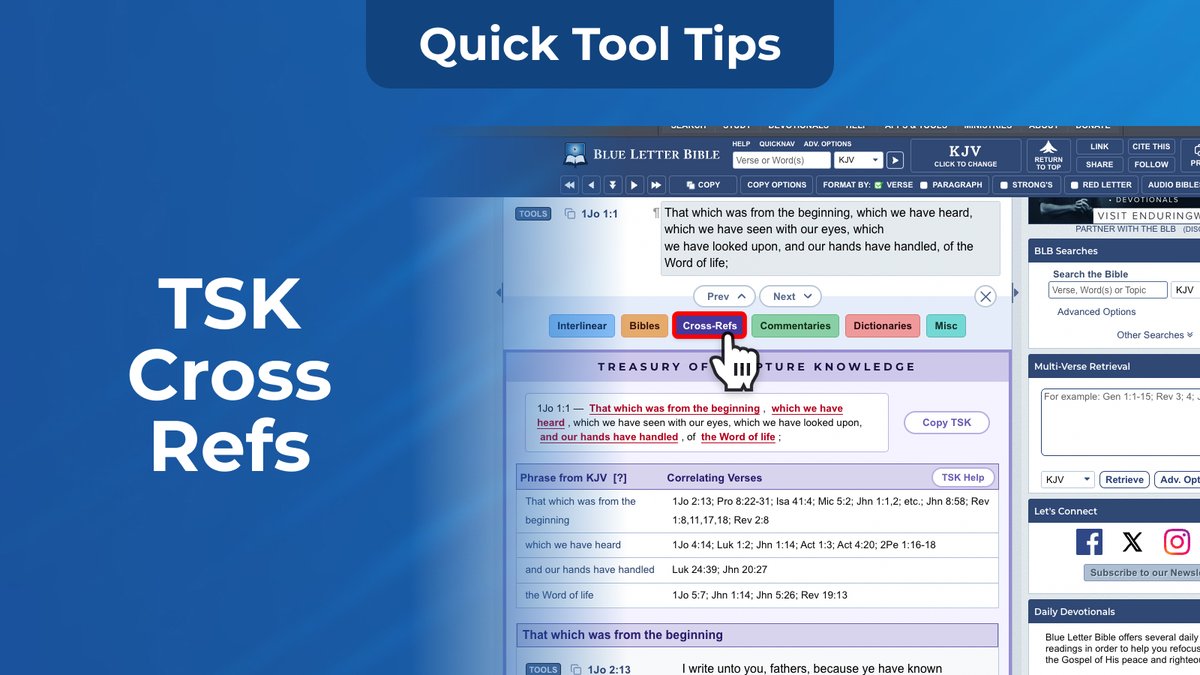 BlueLetterBible's tweet image. Did you know that #BLB features the TSK (Treasury of Scripture Knowledge) which has cross referenced verses? blb.sc/00334F #TipsandTricks #BibleStudyTools #BlueLetterBible