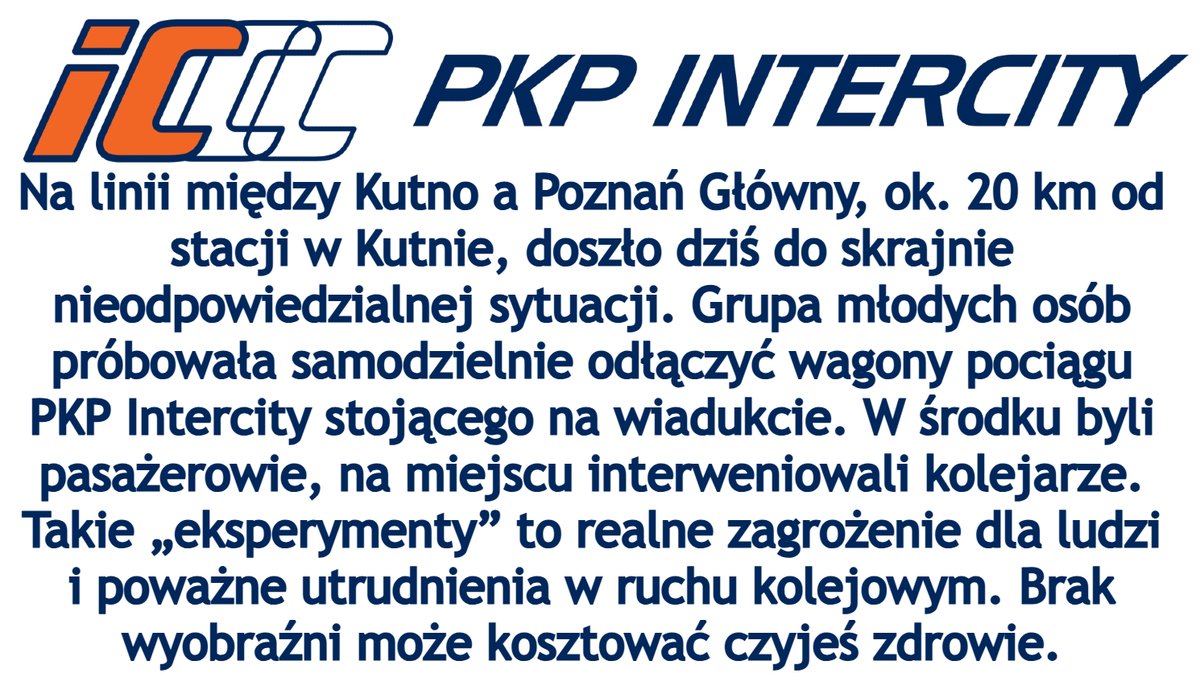 Między Kutno a Poznań Główny, ok. 20 km od Kutna, grupa młodych osób próbowała odłączyć wagony pociągu PKP Intercity na wiadukcie. W środku byli pasażerowie, kolejarze musieli interweniować. Skrajna nieodpowiedzialność i realne zagrożenie dla ludzi.