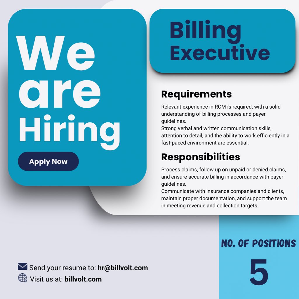 BillvoltS's tweet photo. We are hiring Billing Executives to join our growing team. If you have relevant experience in medical billing, strong attention to detail, and excellent communication skills, we encourage you to apply.

📍 Location: Gulberg Greens Islamabad
📩 Send your CV to: hr@billvolt.com https://t.co/vYlAZ9PAMA