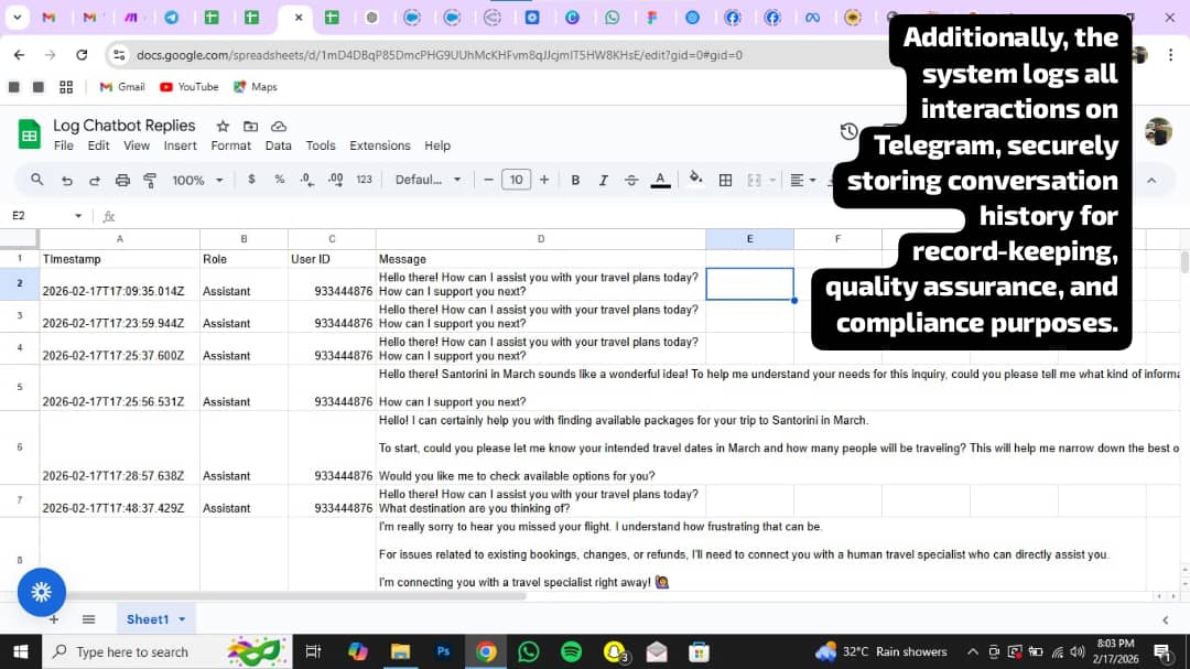 olayode2_'s tweet photo. I built a Telegram AI bot for a Travel Agency.
It automatically:  •Responds to inquiries 24/7
• Collects trip details (destination, dates, budget)
• Qualifies leads
• Stores data in Google Sheets/CRM
• Notifies the team instantly. No missed messages. Faster bookings. https://t.co/akwYDCAacB