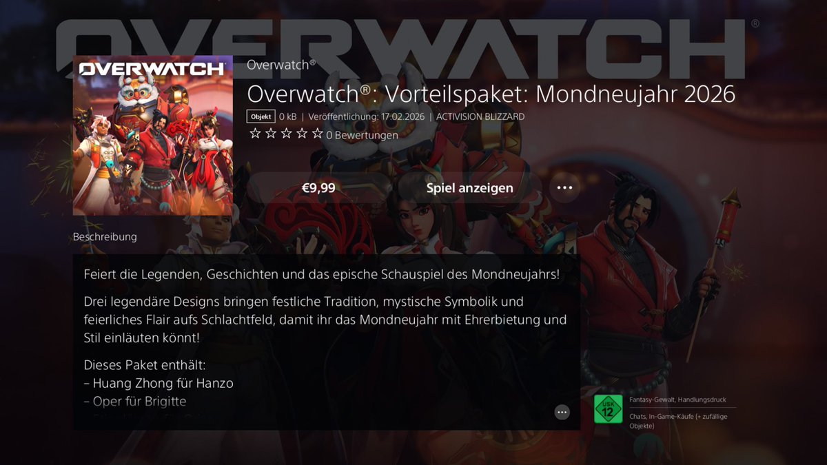 Overwatch (on playstation at least) is marketing a new lunar new year $10 bundle, i thought this was for the new skins (as on the image) but they are actually for older skins.

It’s for the Opera Brig skin, Bull demon Orisa and Huang Zhong Hanzo.

This feels like false marketing
