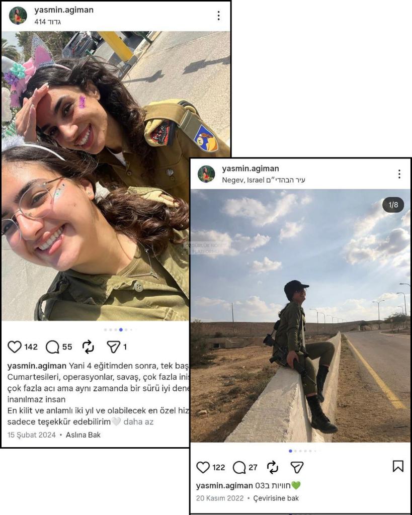 🔴Varan 2 
Bu Bir İhbar ve Suç Duyurusudur!

Siyonist Ordu'da askerlik yapan çifte vatandaş Yasmin Agiman (Yasmin Acıman)'ı ifşa ve ihbar ediyoruz.

Yasmin Agiman, İsrail Ordusu Savaş İstihbarat Toplama Birimi'ne (Combat Intelligence Collection Corps) bağlı 414. Tabur'da görev