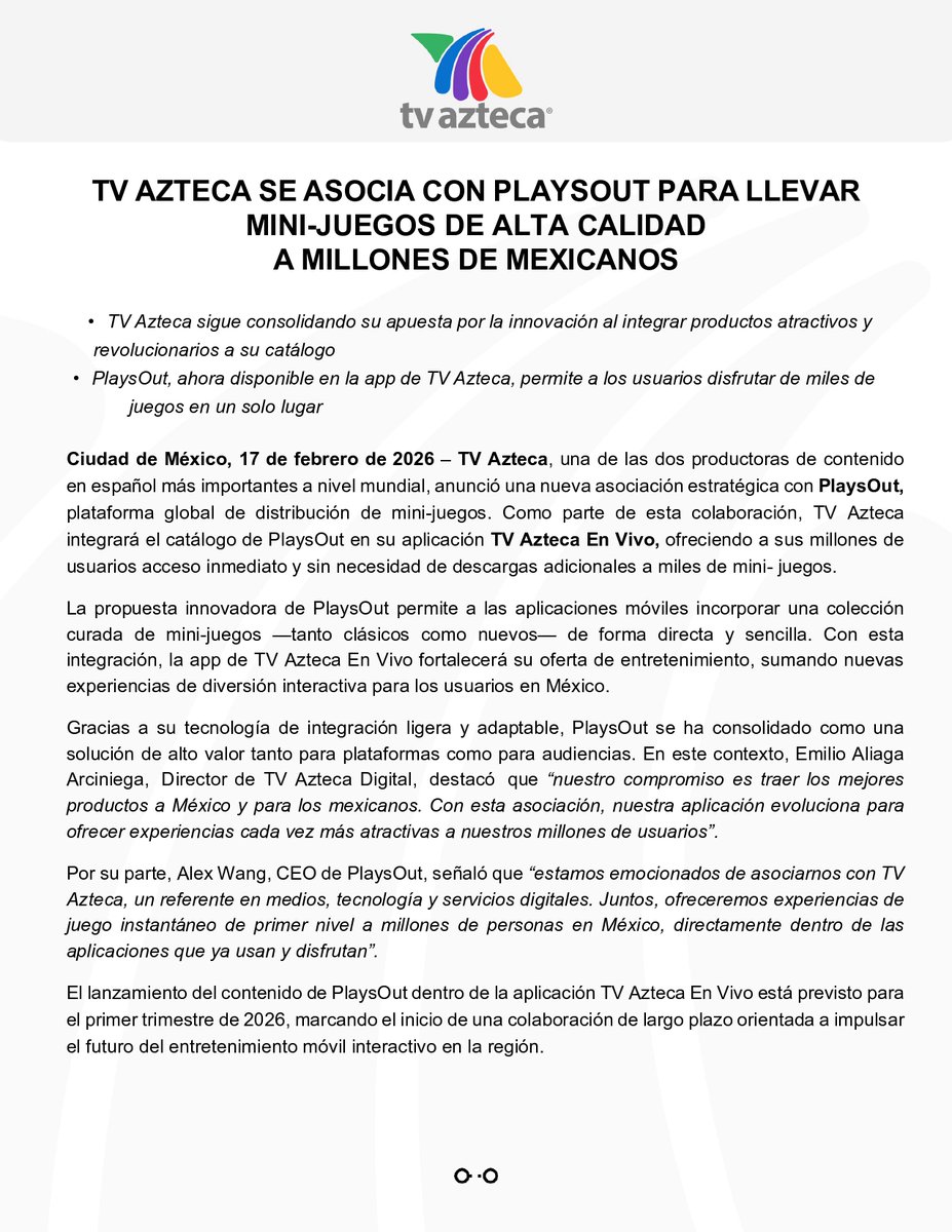<a href="/Azteca/">TV Azteca</a> se asocia con <a href="/itplaysout/">PlaysOut</a> para llevar mini-juegos de alta calidad a millones de usuarios en México, directamente desde la app TV Azteca En Vivo.
Innovación + entretenimiento. 📲🤩
