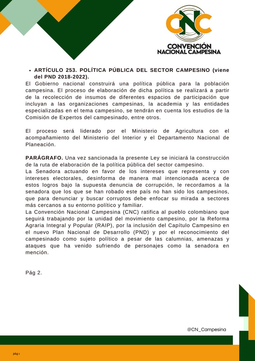 CN_Campesina's tweet photo. ACLARACIÓN NECESARIA FRENTE AL PRONUNCIAMIENTO DE LA SENADORA PALOMA VALENCIA EN CONTRA DE LA FORMULACIÓN DE LA POLÍTICA PÚBLICA PARA LA POBLACIÓN CAMPESINA
Como contexto de este pronunciamiento https://t.co/rKAxu7QR9D