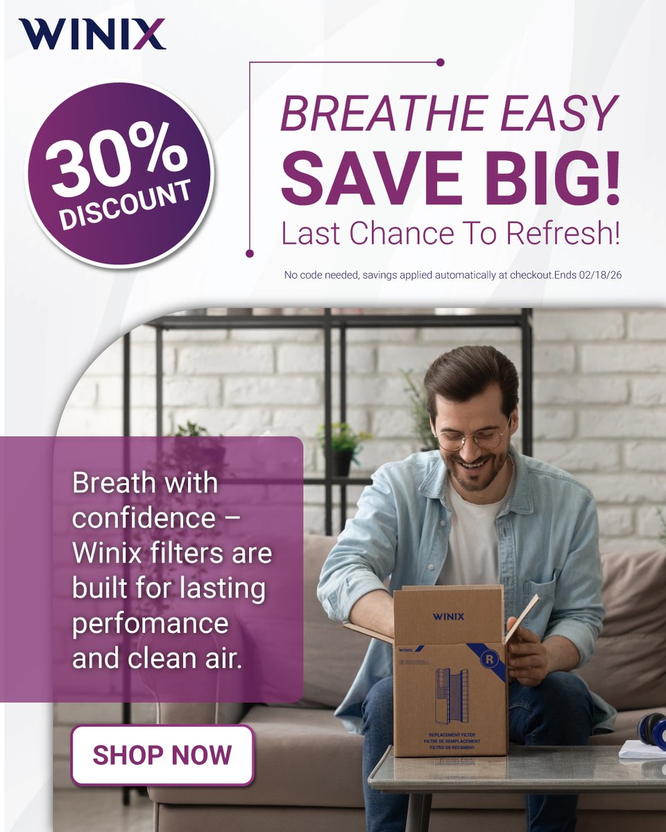 Last chance to refresh your air! ⏰💨

Time’s running out! Save 30% on replacement filters, score deals on refurbished C545 &amp; C610 air purifiers, and save on humidifiers. Refresh and restock before it’s too late!

🛒 Sale ends 2/18: winixamerica.com

#WinixSale #FreshAir