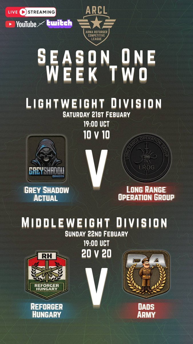 ArmaReforgerCL's tweet photo. Ladies and Gentlemen, we are back this weekend after a week off!
Saturday 21st - 19:00 UCT- 13:00 CT
Lightweight Division 
GSA VS LROG 10v10

Sunday 22nd - 19:00 UCT- 13:00 CT
Middleweight Division
REFORGER HUNGARY VS Dads Army 30v30 https://t.co/o1PsHMJFwP