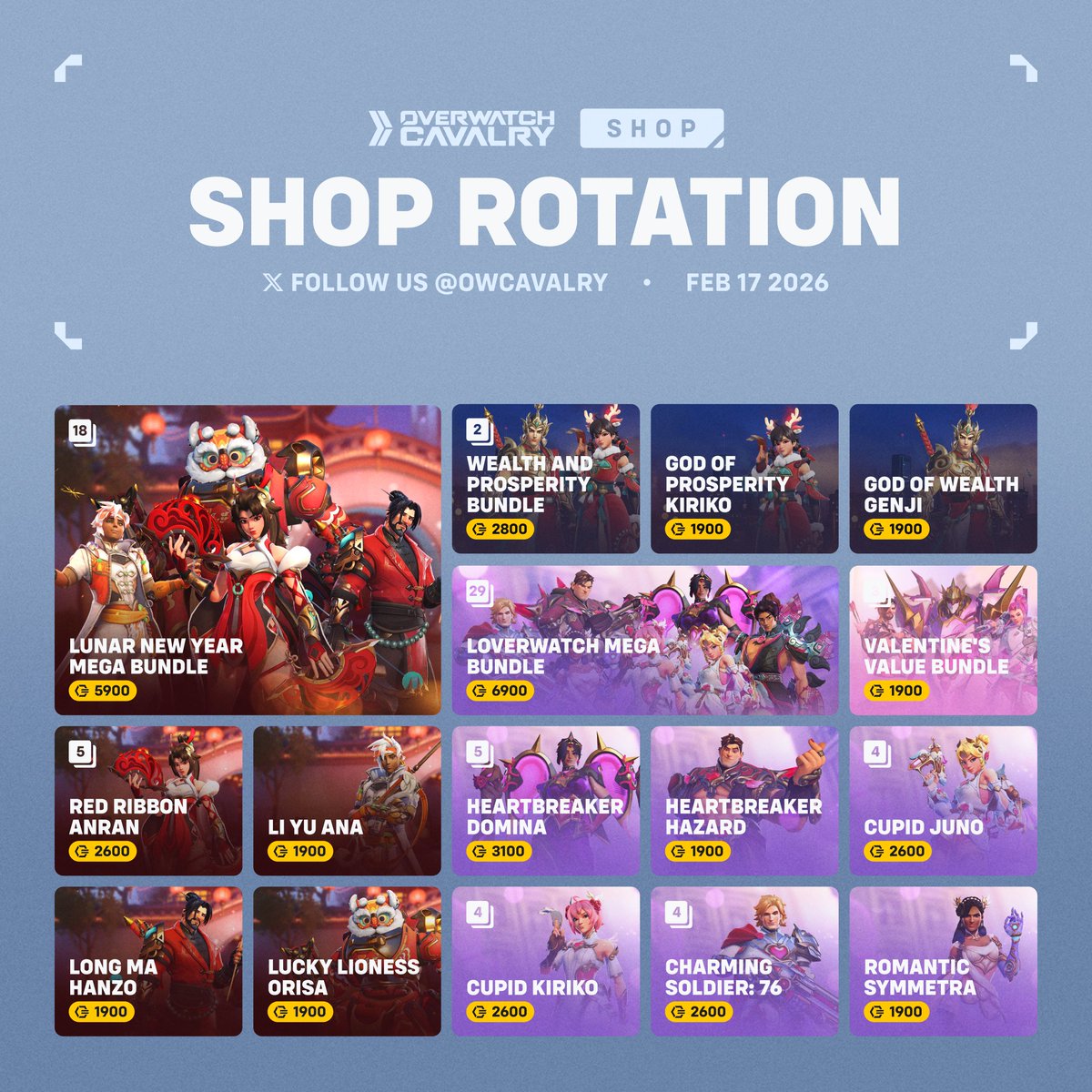 New #Overwatch Shop Rotation 🛍️

Grab the new Lunar New Year Bundles alongside Valentine's Day cosmetics. The Hello Kitty &amp; Friends bundles are still available too, we just ran out of room in the graphic!

🛒 Available in-game or online now.