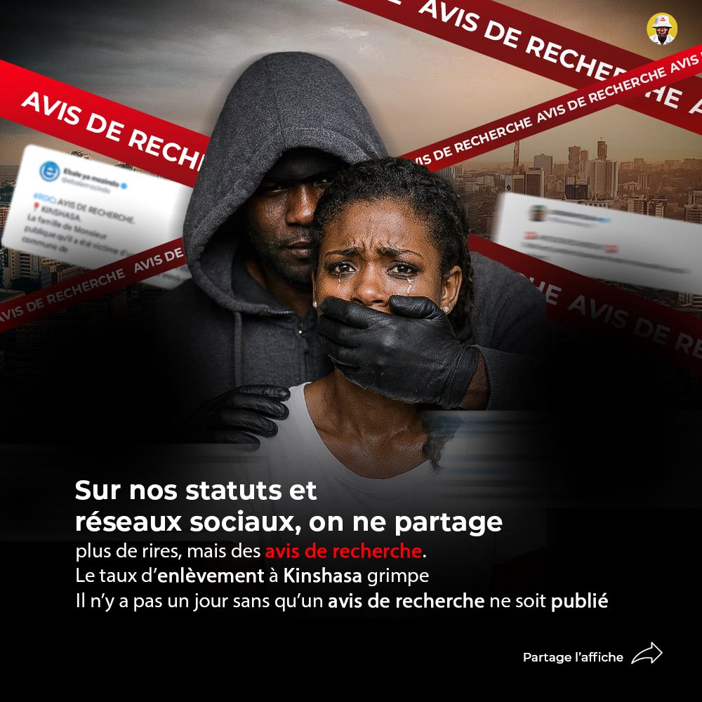 À Kinshasa ces derniers temps nous vivons dans l’angoisse. Les enlèvements se multiplient chaque jour!
Aujourd’hui, c’est un voisin demain, ça pourrait être toi.
Derrière chaque disparition, il y a des larmes, des parents privés de sommeil, des enfants arrachés à leur innocence,