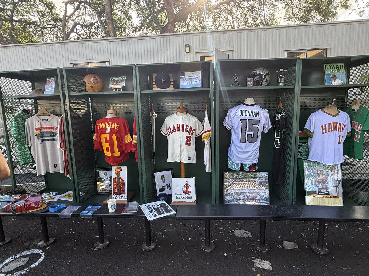 Some Aloha Stadium memorabilia set up outside the Stadium Authority’s temporary setup at the Lower Halawa Lot while demolition gets going.