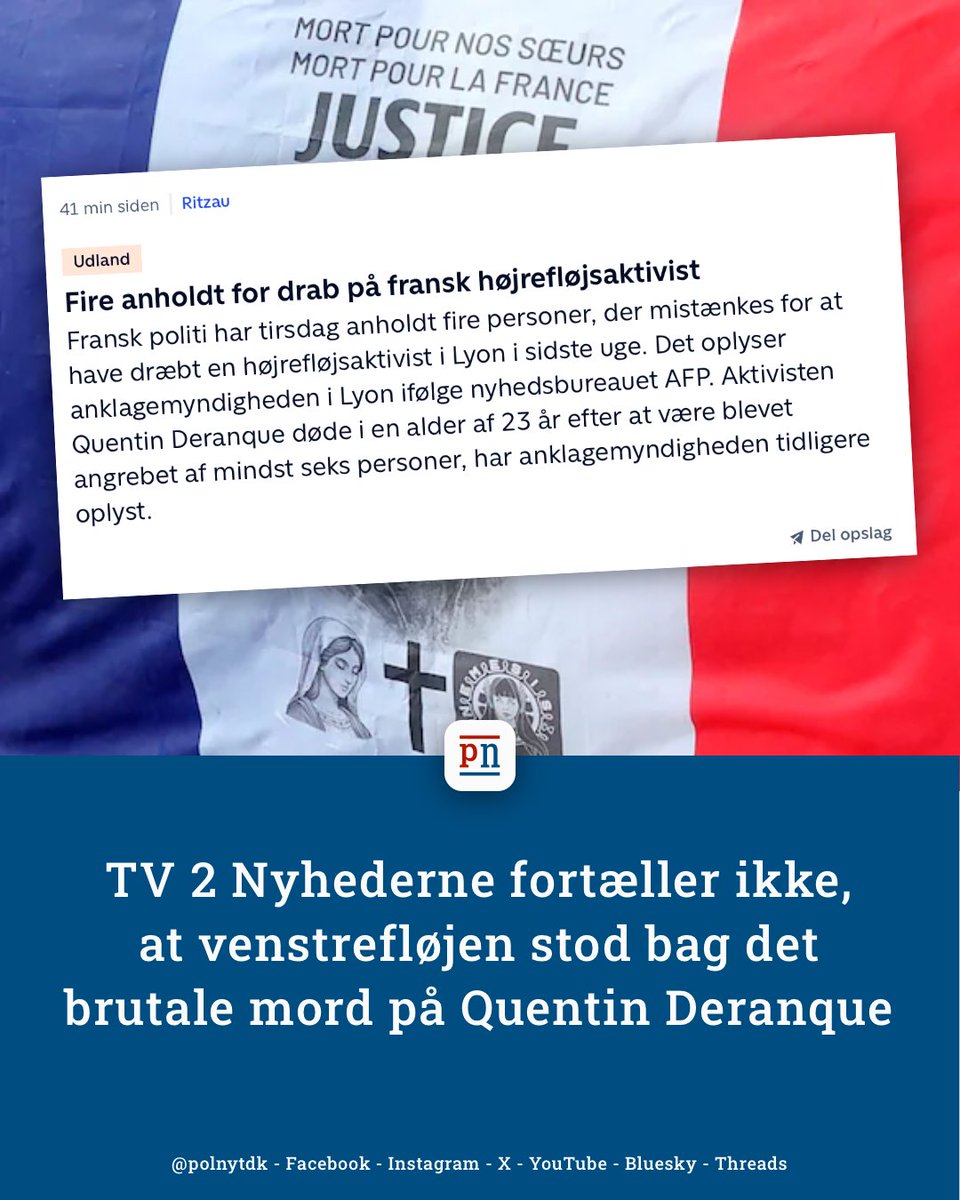 polnytdk's tweet photo. TV 2 Nyhederne skjuler sandheden om venstrefløjens mord på den unge Quentin Deranque, der var en del af højrefløjen.
#dkpol #dkmedier #JusticeForQuentin
https://t.co/ZtgtK2IsWz
@PorsUlla @amsvane @tv2nyhederne @PRESSELOGEN @QvortrupHenrik https://t.co/PRw8qRr4lx