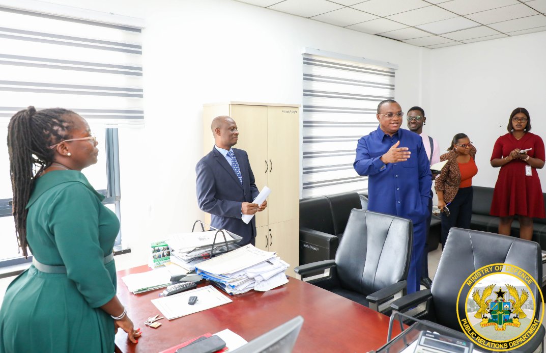 modghana's tweet photo. The Deputy Minister for Defence, Hon Ernest Brogya Genfi, accompanied by the Ministry’s Chief Director, Mr Emmanuel Kartey, have paid a working visit to various directorates within the Ministry. https://t.co/rKw7EKZwWv