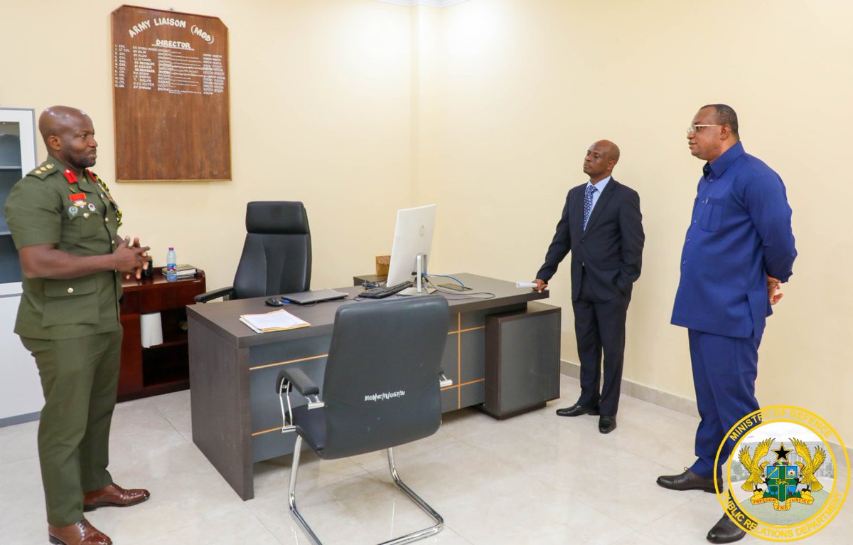 modghana's tweet photo. The Deputy Minister for Defence, Hon Ernest Brogya Genfi, accompanied by the Ministry’s Chief Director, Mr Emmanuel Kartey, have paid a working visit to various directorates within the Ministry. https://t.co/rKw7EKZwWv