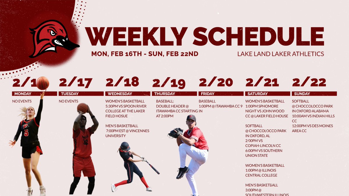 Another exciting week for Laker Athletics as we see 4 teams in action. 
<a href="/LLC_WBasketball/">Lake Land College Women's Basketball</a> has two home contests. 
<a href="/LLC_Basketball/">Lake Land College Men’s Basketball</a> takes on two <a href="/gracsports/">GRACsports</a> opponents
<a href="/LLC/">blah blah blah</a>-Baseball Heads to Fulton, MS
<a href="/land_softball/">LakeLandSoftball</a> travels to Oxford, AL to play at Choccolocco Park.