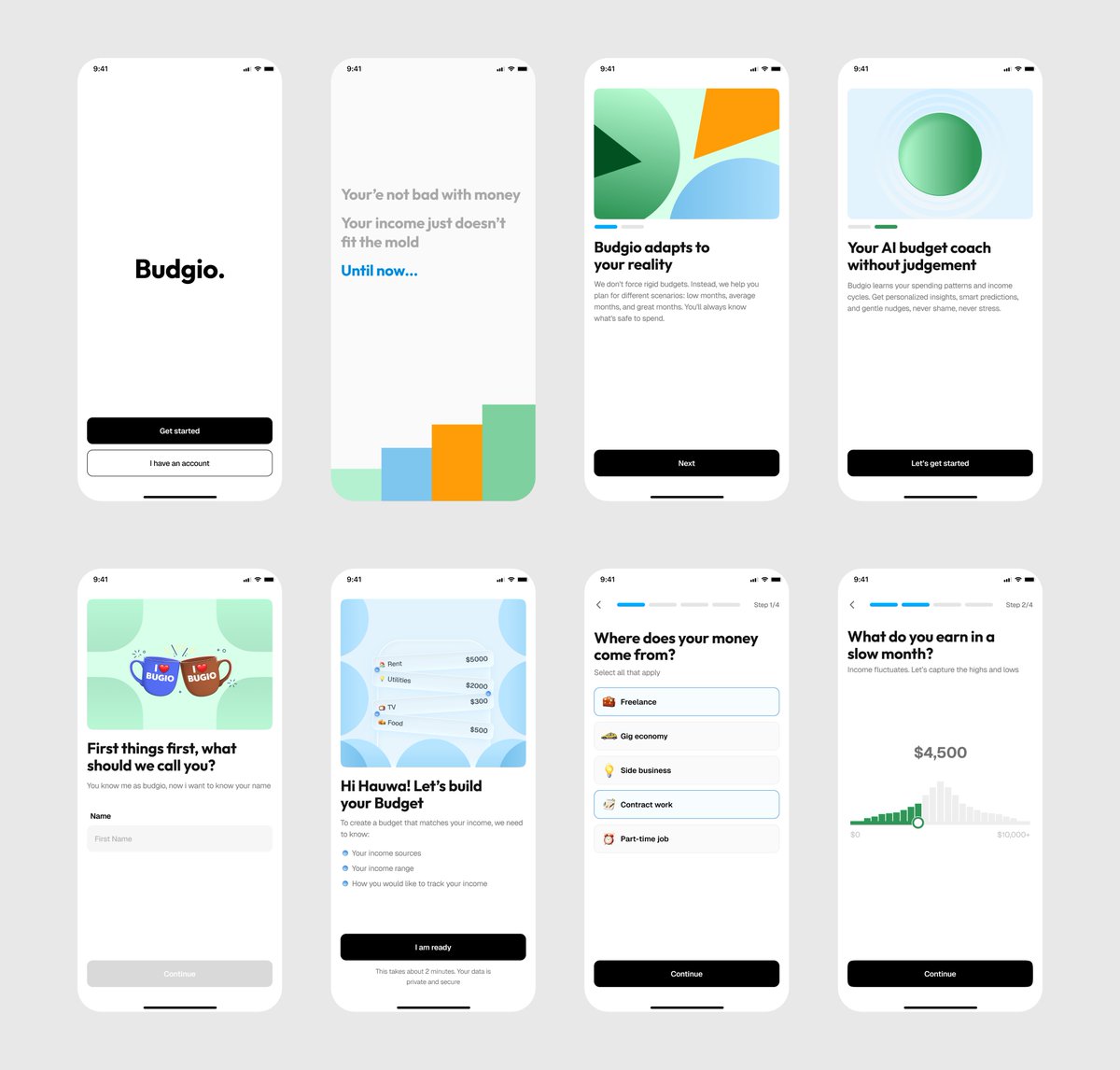 a few screens from budgio's onboarding