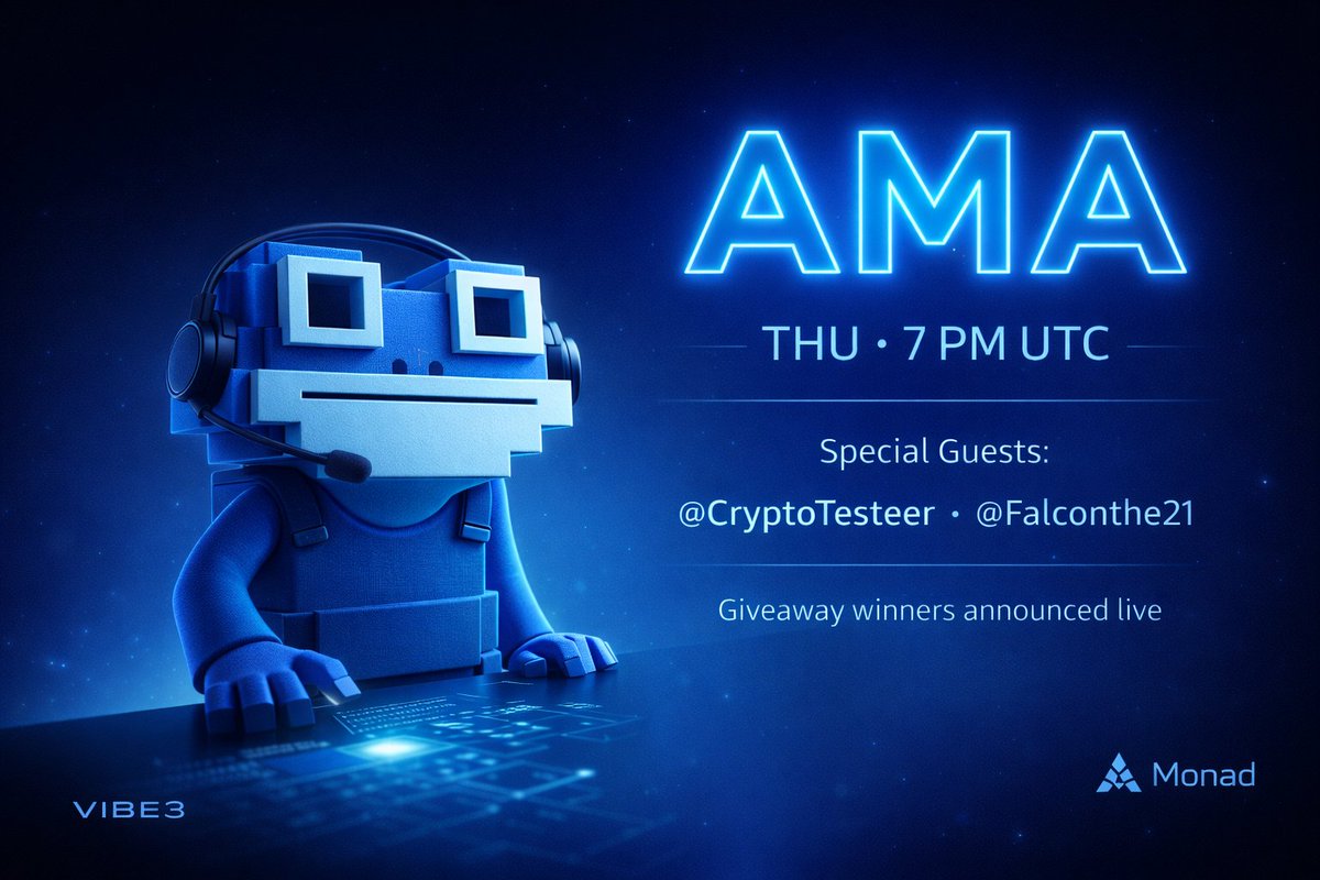 Monad builders, pull up.

This Thursday.
7 PM UTC.

Open AMA Space with:
<a href="/CryptoTesteer/">𝘾𝙧𝙮𝙥𝙩𝙤𝙏𝙚𝙨𝙩𝙚𝙧</a>
<a href="/Falconthe21/">Falcon21.eth</a> 

We’re talking:
• How to actually ship on <a href="/monad/">Monad</a> 
• Vibe coding -> real dApps
• Builder Access Pass
• What’s next for Vibe3

Ask anything.
Set your reminder.
