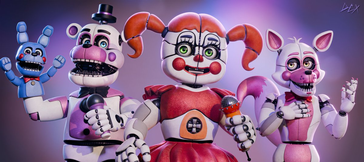 I've finally forced myself to make a pack render.
so, here you have the Sister Location gang, a showcase of my re-textures (and re-meshes) I've worked on!
(Ballora is left though.)

would you buy those if I put them on ko-fi and other platforms?👉👈

Endo mats by @/whimzywastaken