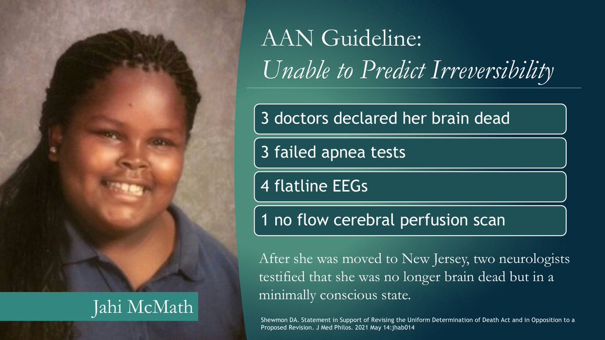 heidiklessigmd's tweet photo. Dead people don’t get better.

After suffering cardiac arrest due to postoperative bleeding, Jahi McMath was declared “brain dead.” She met and exceeded the requirements of the American Academy of Neurology brain death guideline. One of the three doctors who declared her brain dead was the head of child neurology at Stanford.

But her parents didn’t think she was dead: Jahi was warm, had vital signs, and was moving at times Reportedly, when her parents questioned the brain death diagnosis, her doctor pounded his fist on the table: “What don’t you understand? She’s dead, dead, dead!”

Thanks to the help of Dr. Paul Byrne, Jahi was transferred to New Jersey, the only US state with a religious exemption to brain death, where she was statutorily resurrected. After receiving proper care, Jahi improved. 

Two neurologists evaluated her at her mother’s apartment and found that she no longer met the criteria for brain death. She regained brain waves on her EEG, responded properly to commands, and was diagnosed as being in a minimally conscious state.

Dead people don’t get better. Brain death is not death, it’s neurologic injury. Vulnerable, neurologically injured people should not be falsely declared dead and used as organ donors.