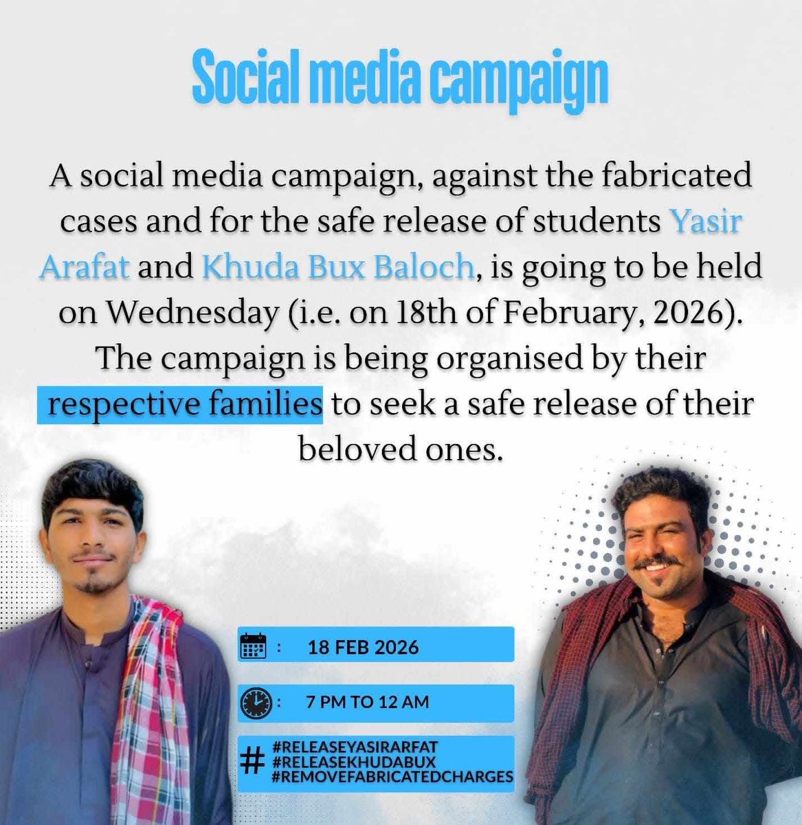 Charging the students, Yasir Arfat and Khuda Bux Baloch in fabricated cases is another attempt to silence the voices of Baloch society and traumatize the student. We must come up and denounce these kind of acts to ensure a security of students.
#ReleaseYasirArfat
#ReleaseKhudaBux