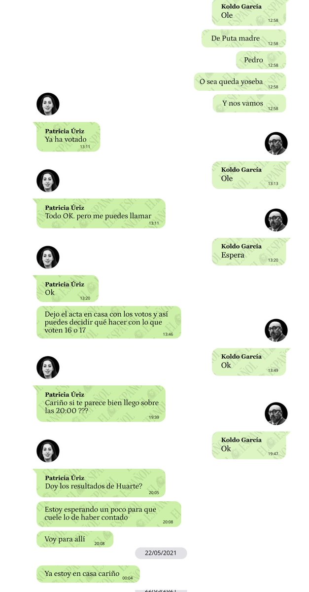 "Dejo el acta en casa con los votos y así puedes decidir qué hacer con lo que voten 16 o 17".

"Estoy esperando un poco para que cuele lo de haber contado".