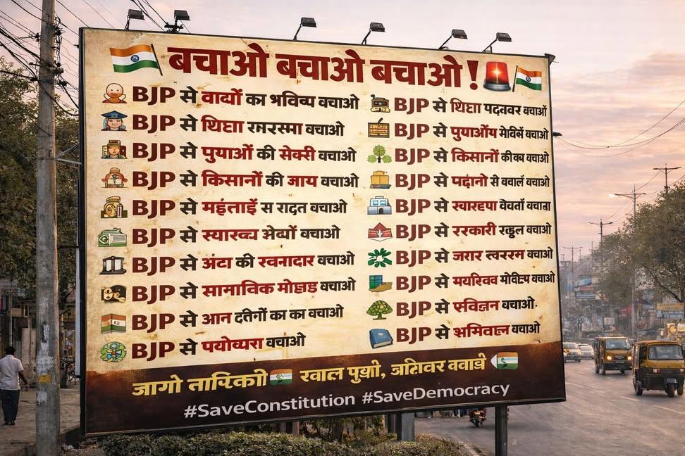 🚨🇮🇳⚖️ बचाओ बचाओ बचाओ ❗️

👶 BJP से बच्चों का भविष्य बचाओ 
🎓 BJP से शिक्षा व्यवस्था बचाओ 
💼 BJP से युवाओं की नौकरी बचाओ 
🧑‍🌾 BJP से किसानों की आय बचाओ 
💰 BJP से जनता की कमाई बचाओ 
🛒 BJP से महँगाई से राहत बचाओ 
🏥 BJP से स्वास्थ्य सेवाएँ बचाओ 
🏫 BJP से सरकारी स्कूल बचाओ 
📰