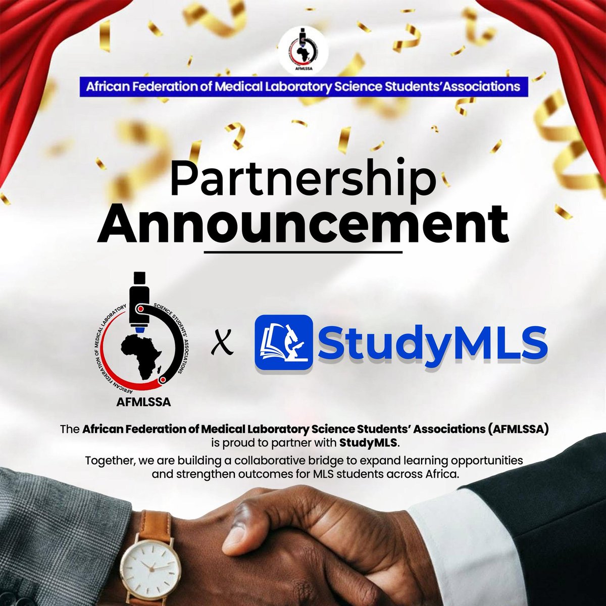 📢PARTNERSHIP ANNOUNCEMENT

The African Federation of Medical Laboratory Science Students’ Associations (AFMLSSA) proudly announces a strategic partnership with StudyMLS🎉🎊 .

🔗 Website: studymls.com
🔗 Community Link: chat.whatsapp.com/KjFXqss8QcgIFL…