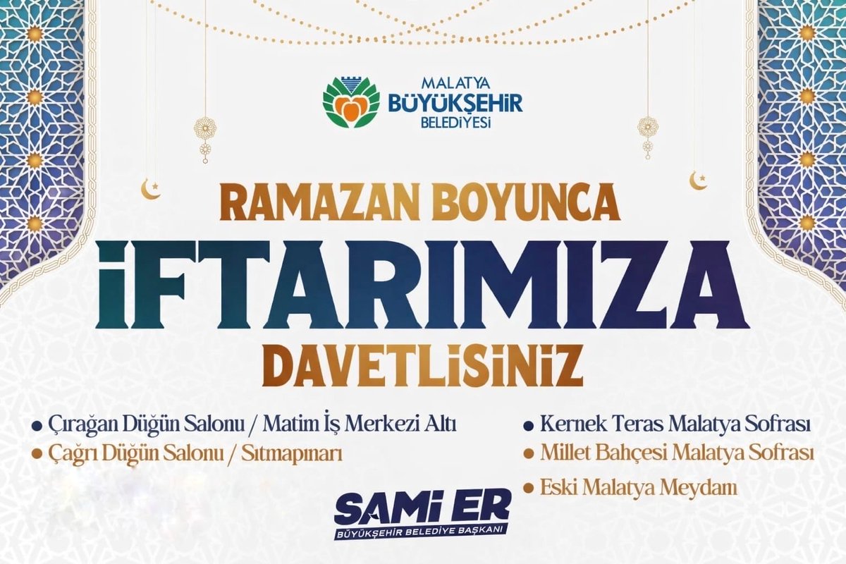 Hoş geldin ya Şehr-i Ramazan…

Etkinlikler, söyleşiler ve gönüllere dokunan programlarla
Bu mübarek ayın huzurunu, bereketini ve maneviyatını
hep birlikte yaşayacağız.

Ramazan Malatya’da bir başka güzel…

Tüm hemşehrilerimizi Ramazan etkinliklerimize ve iftar programlarımıza