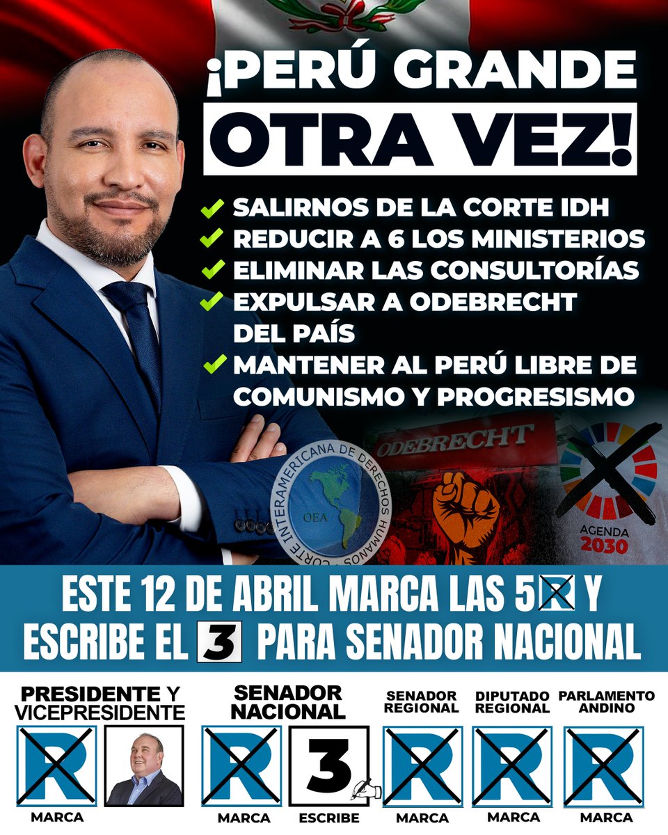 🇵🇪 #PerúGrandeOtraVez | ¡Llegó la hora de recuperar el rumbo de nuestro país! Este 12 de abril decidimos si seguimos atrapados en la corrupción, el desgobierno, la inseguridad y las imposiciones ideológicas, o si damos un paso firme hacia un Perú soberano, seguro, ordenado y