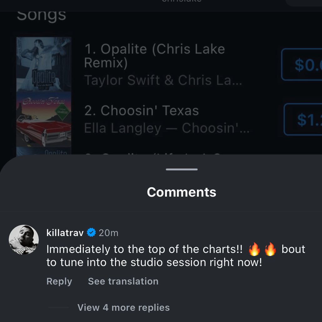 TSUpdating's tweet image. 🚨| Travis Kelce on Chris Lake instagram post about the Opalite remix reaching #1 on iTunes:

Immediately to the top of the charts!! 🔥🔥bout to tune into the studio session right now!