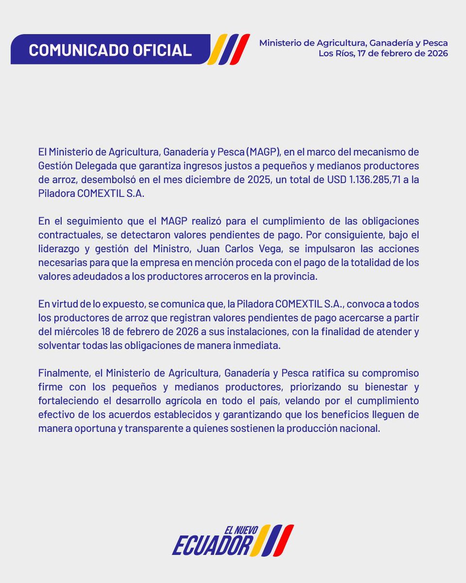 AgriculturaEc's tweet photo. #ComunicadoOficial | El Gobierno de #ElNuevoEcuador garantiza el cumplimiento de las obligaciones con el sector arrocero. https://t.co/66eGqq0hse
