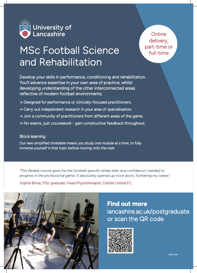 MSc Football Science &amp; Rehabilitation at University of Lancashire! ⚽

Flexible study: online, part-time or full-time. Advance your skills and join a network of football practitioners.

Apply for September entry 👉 fmpa.co.uk/universities/m…

#FootballScience #FMPA