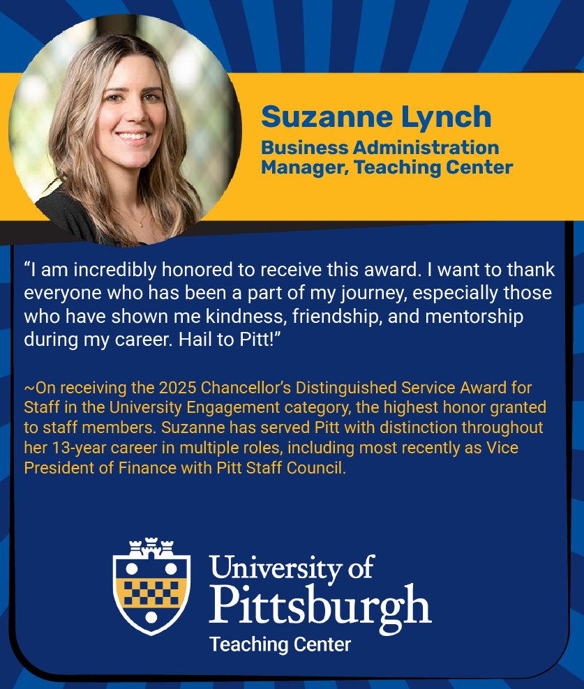 PittTeaching's tweet photo. Please join us in congratulating Suzanne Lynch, business administration manager, for receiving a 2025 Chancellor’s Distinguished Service Award for Staff in the University Engagement category! We are so proud! 
https://t.co/jT9XdBXo5F https://t.co/3JE3y76tY3