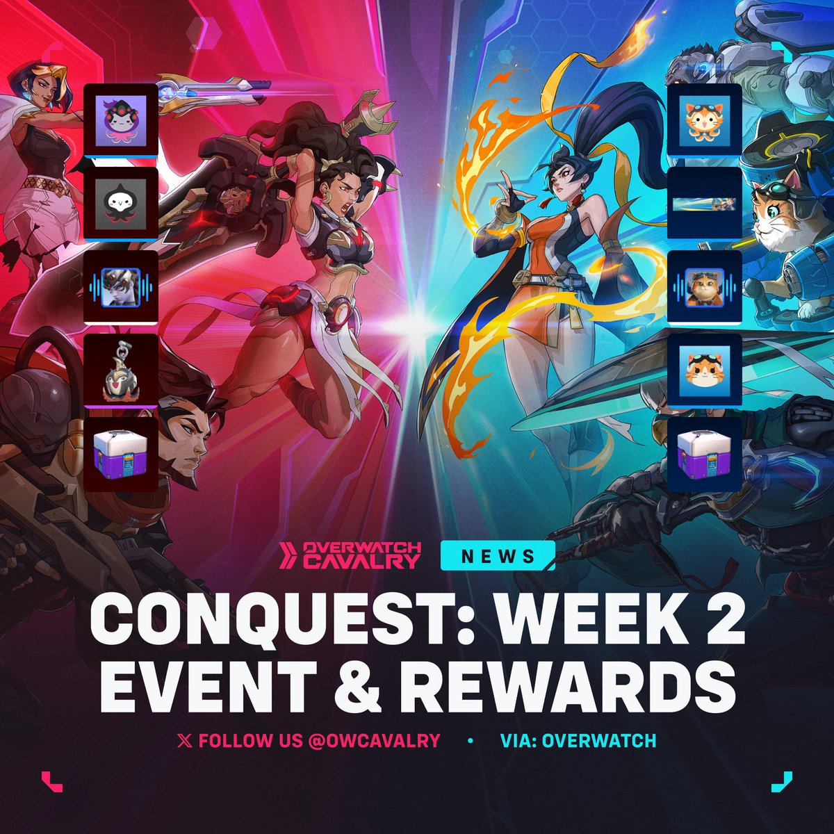 OWCavalry's tweet image. Conquest: Week 2 Event in #Overwatch ⚔️

Pick a side and complete challenges to unlock rewards, including Epic Loot Boxes, Player Icons, Voice Lines, a Namecard, and a Weapon Charm.

🗓️ Ends: February 24