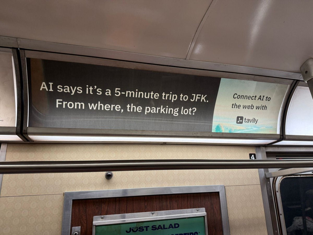 tavilyai's tweet photo. Tavily is live in the NYC subway! 

We connect AI to the web so it stops making things up.

If you catch one of these in the wild, tag us. We want to see it.  👀 https://t.co/kFMbUVATfT