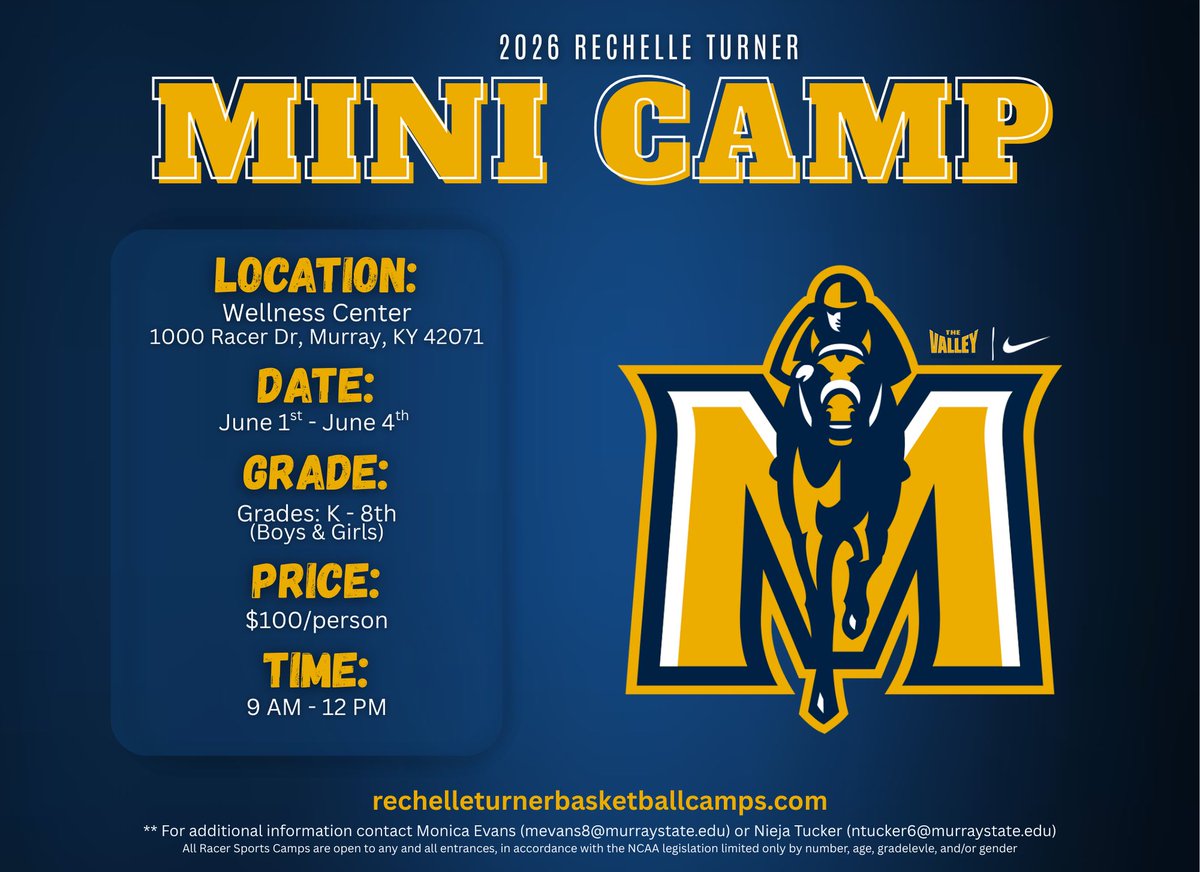 racersWBBcoach's tweet image. Please join us June 1st-4th for our mini-camp being held at the Murray State Wellness Center this summer! 👀 the link below and register today! #SummerFun🏀🐎🏀