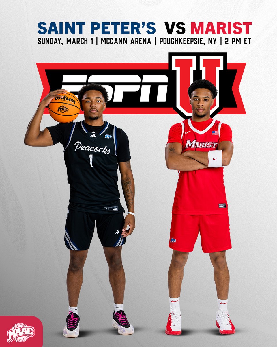 MetroConfHoops's tweet photo. Ending the season on the national stage📺🔥

@PeacocksMBB  vs. @MaristMBB 

🗓️ March 1 
⏰ 2:00PM
📺 @ESPNU 

🔗https://t.co/Qs15OFrfDl

#MAACHoops https://t.co/KRiq6NI4Bv