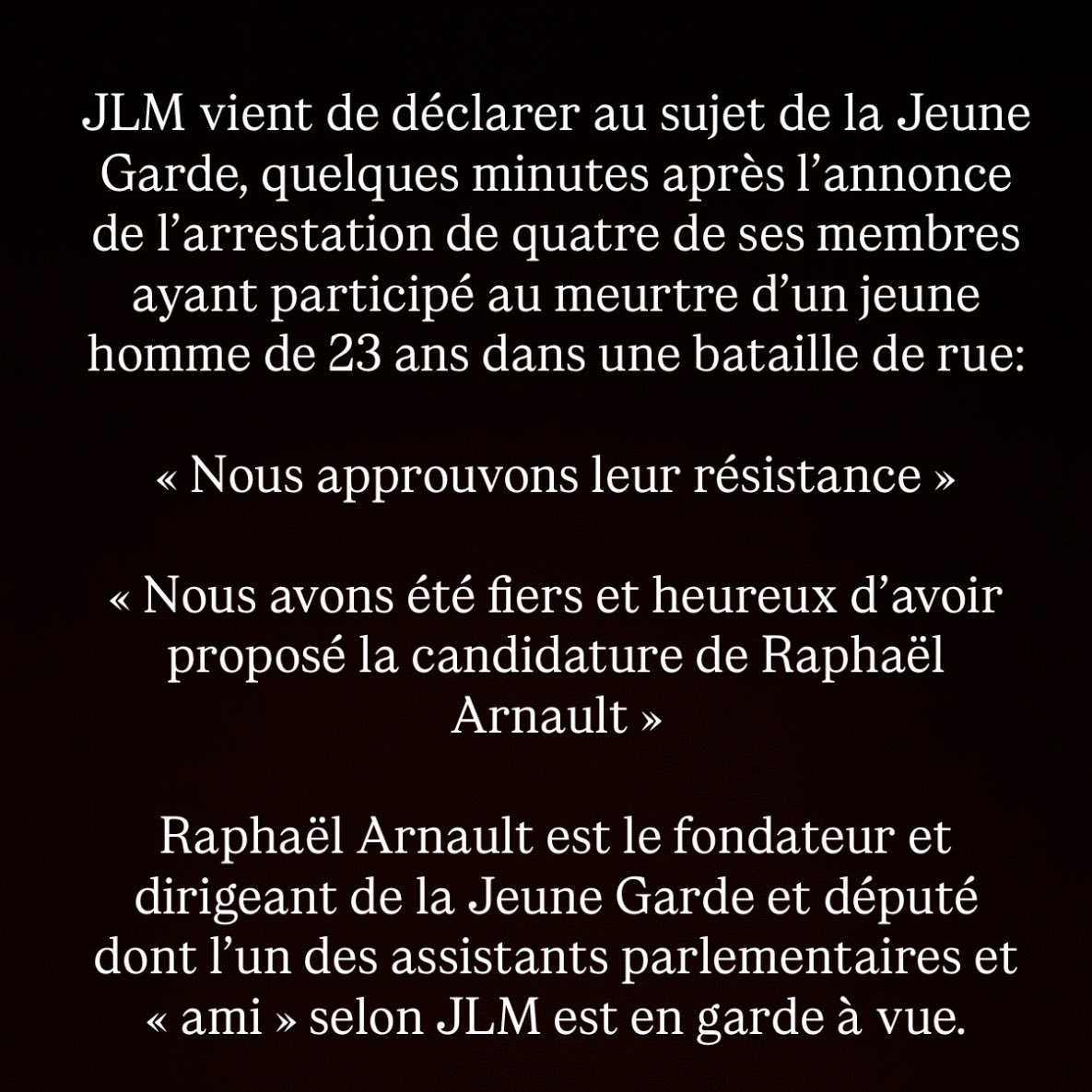 anatolium's tweet photo. « Nous les admirons. Nous gardons pour eux une grande affection. »

La mort vient de frapper un homme. 

Et JLM assume et revendique ses liens avec les auteurs du crime.

C’est insupportable. https://t.co/LU7k5aAJNy