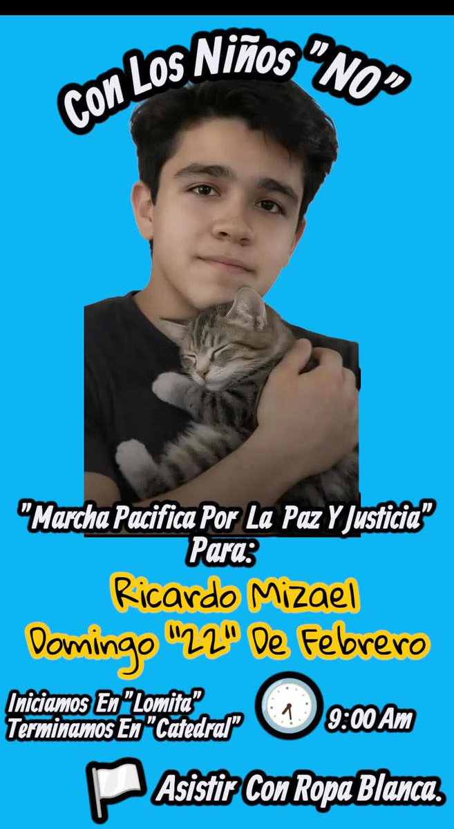Mira <a href="/Claudiashein/">Claudia Sheinbaum Pardo</a> el mensaje que te manda la mamá de Ricardo Mizael, el niño asesinado cuando iba a comprar biberón para su gatito.
Este 22 de febrero marcha en memoria de este niño que no debió morir por la inacción de este régimen abraza criminales.