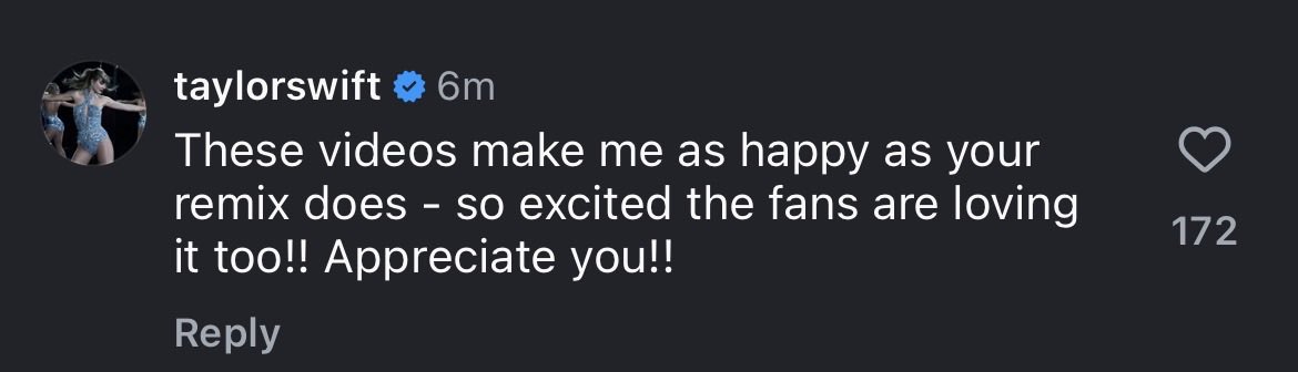 swifferupdates's tweet photo. 🚨 | Taylor Swift has also entered the chat!

“These videos make me as happy as your remix does - so excited the fans are loving it too!! Appreciate you!!” https://t.co/hLhtElO48c