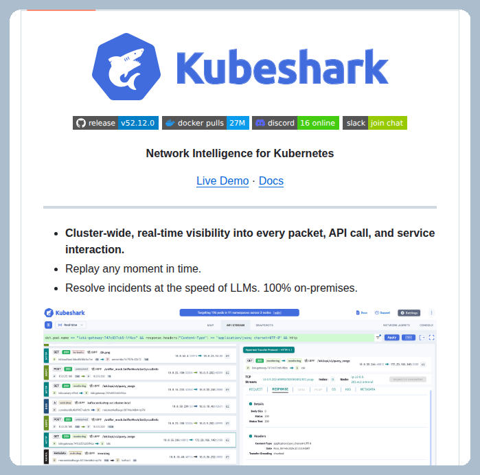 tom_doerr's tweet photo. Traffic analyzer for Kubernetes with packet inspection

https://t.co/76AR1SFMEZ https://t.co/rMEyjm2hlW