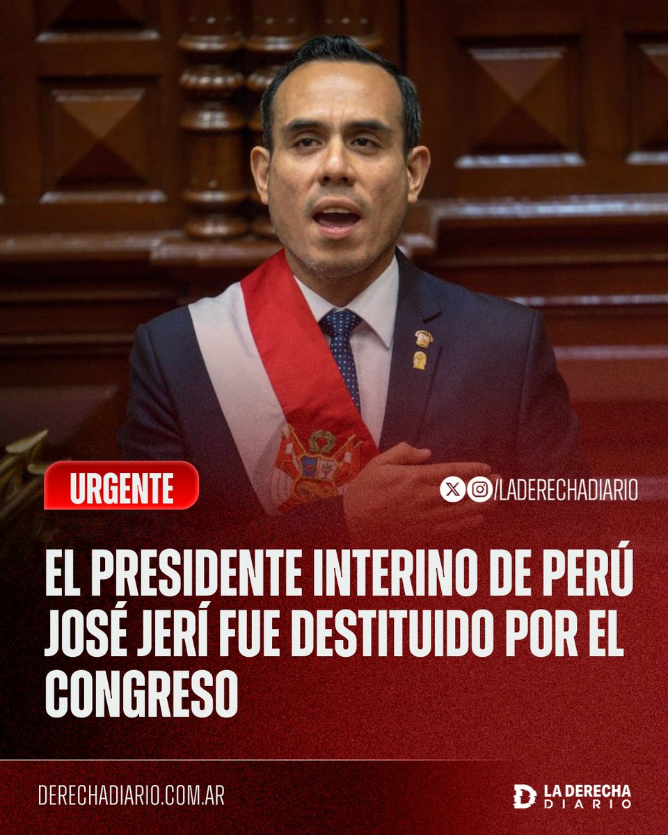 🚨🇵🇪 | #AHORA En una movida de la izquierda y a dos meses de las elecciones, el presidente interino de Perú, José Jerí, es destituido por el Congreso por "tráfico de influencias". Mañana los diputados elegirán un nuevo presidente interino.

Se trata del 8vo presidente destituido
