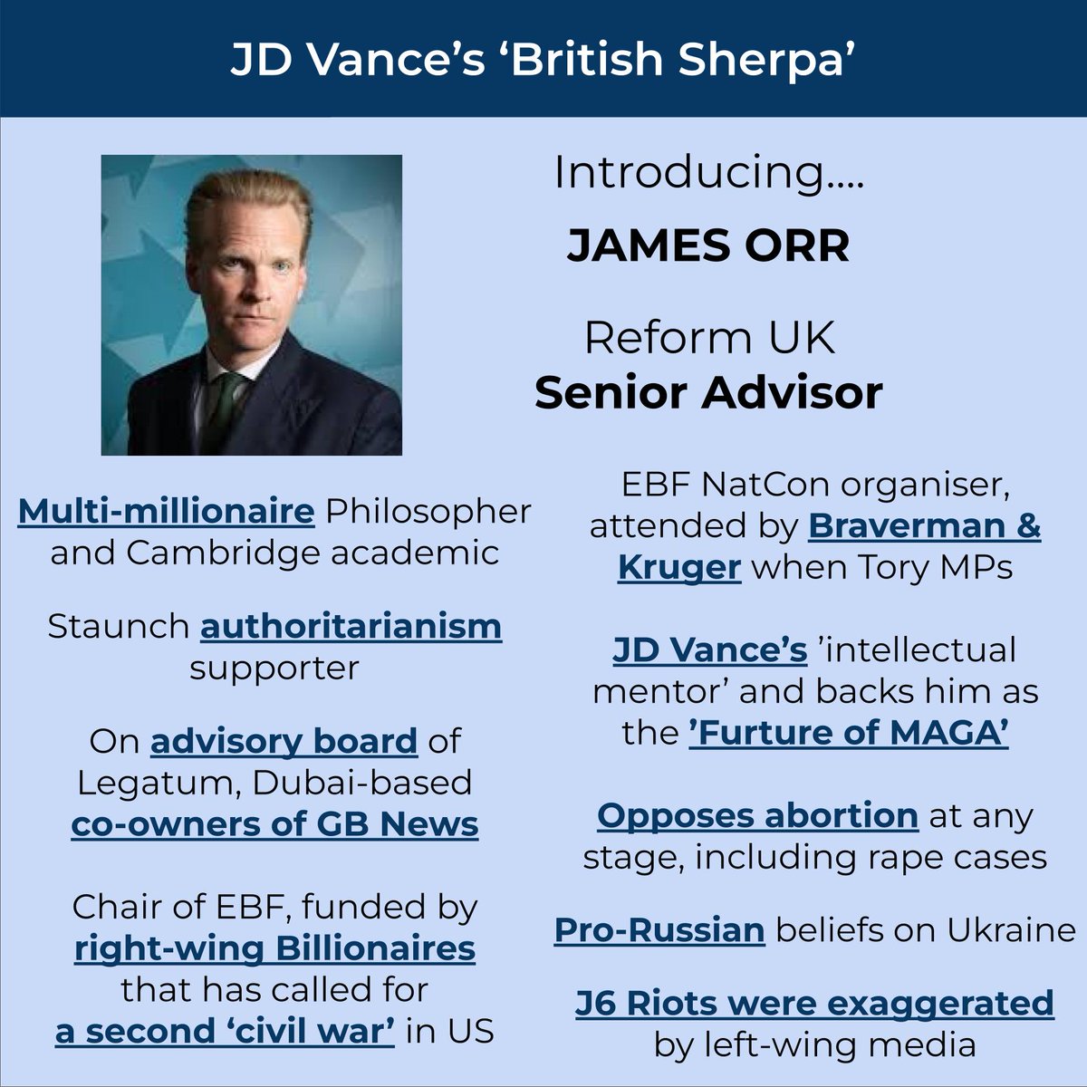 So James Orr who is an advisor to JD Vance / MAGA, Viktor Orban in Hungary, is pro-authoritarianism and works for an organisation advocating for a second civil war in America as a way to cancel elections and retain power.....is Reform UK's new Head of Policy 👀

#SayNoToReformUK
