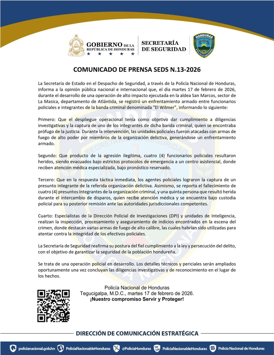 PoliciaHonduras's tweet photo. Comunicado de Prensa SEDS N.13-2026 https://t.co/SFlq2NLbZI