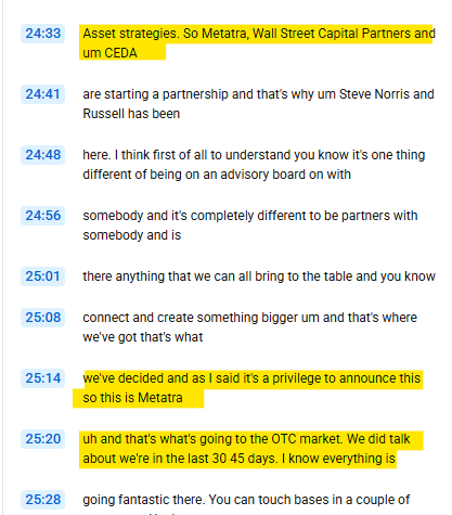 $NATM Bit of a long video from a month ago, really getting into Metaterra, with Doug Anderson and Stephen Norris.  Talking about Wall street cap, and Cedar Partners merging with Metaterra, and at the 25:20 mark, say how they are going into the OTC. 260k at dtc.