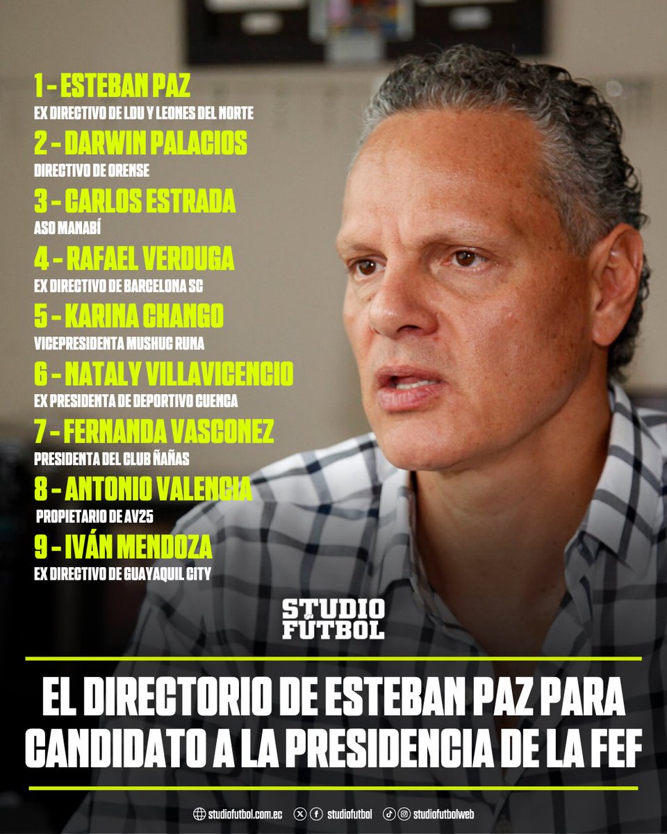🚨💣 ¡CONFIRMADO EL DIRECTORIO!

Esta será la LISTA de Esteban Paz para ser candidato a la presidencia de la Federación Ecuatoriana. 🇪🇨

Integran:

1. Esteban Paz:
Ex directivo de LDU y Leones del Norte.

2. ⁠Darwin Palacios:
Directivo de Orense.

3. ⁠Carlos Estrada:
ASO