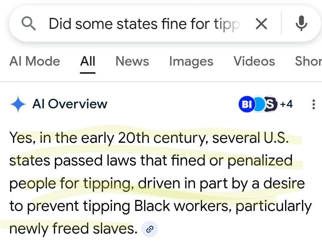 Tipping is rooted in anti-Black racism.

It was a legalized way to allow white business owners to keep from paying wages to their Black employees.

Even worse, several states would fine whites who tipped Black workers.

It's a system that now hurts all workers who rely on tips.