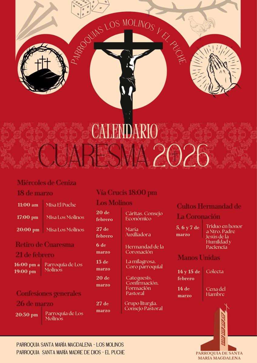 CUARESMA 2026 |

Compartimos el calendario de Cuaresma 2026 de la Parroquia de Santa María Magdalena (Los Molinos).

Que este tiempo de gracia nos acompañe hacia la Pascua del Señor.

#ADMAAlmería