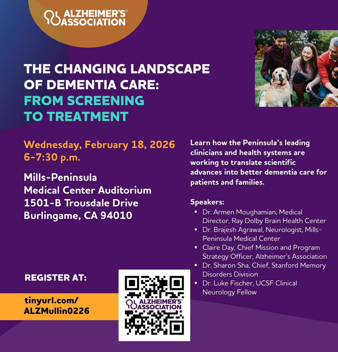 Do you live or work in San Mateo County? Come join us for an in-person, free dementia care info session on Wed., Feb. 18. Hear what leading physicians and experts have to say about access, diagnosis and treatment options. To register: tinyurl.com/ALZMullin0226