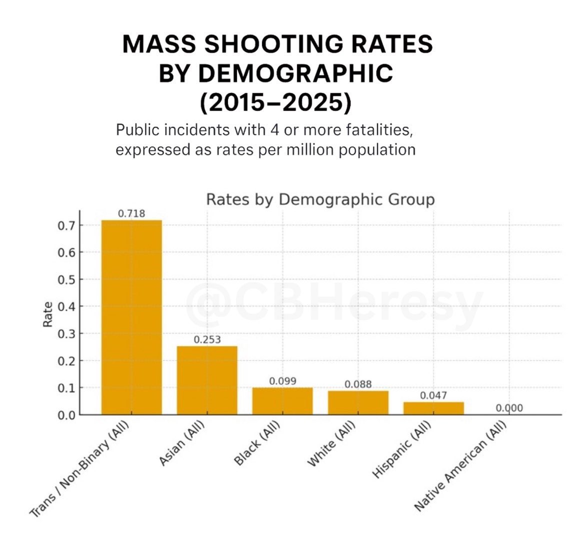 CBHeresy's tweet photo. I made this graph when there were only two transgender individuals (out of thirty-six) that met the very narrow definition of mass shooters I (purposefully) used.

What would it look like today? https://t.co/VQ9rP2epYP